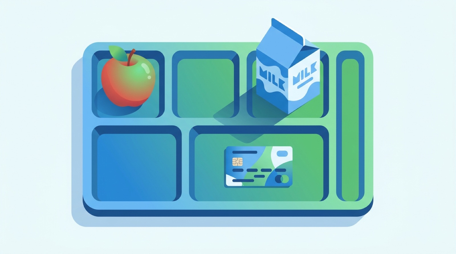 A school cafeteria tray with an apple, milk carton and a small payment card